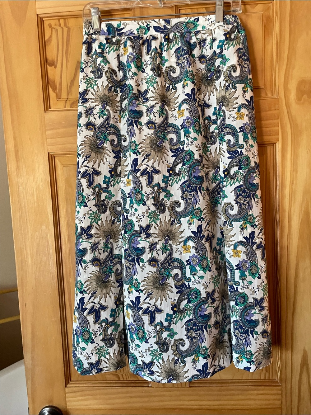 Vintage Textured Midi Skirt with Blue & Teal Paisley Floral Print